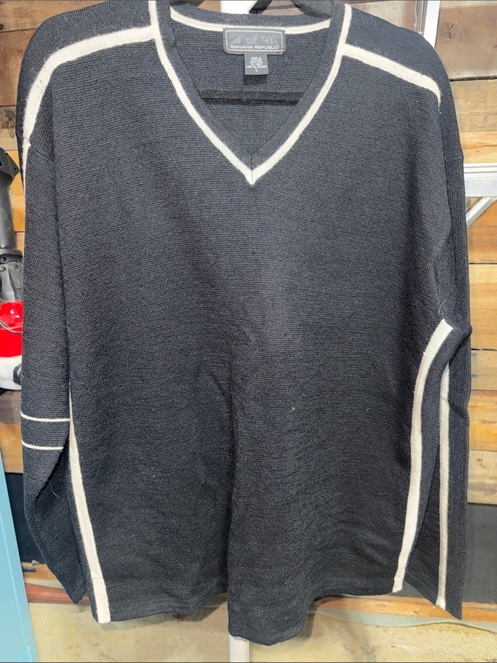 Banana Republic Men's Black V-Neck Sweater with Cream Trim Large